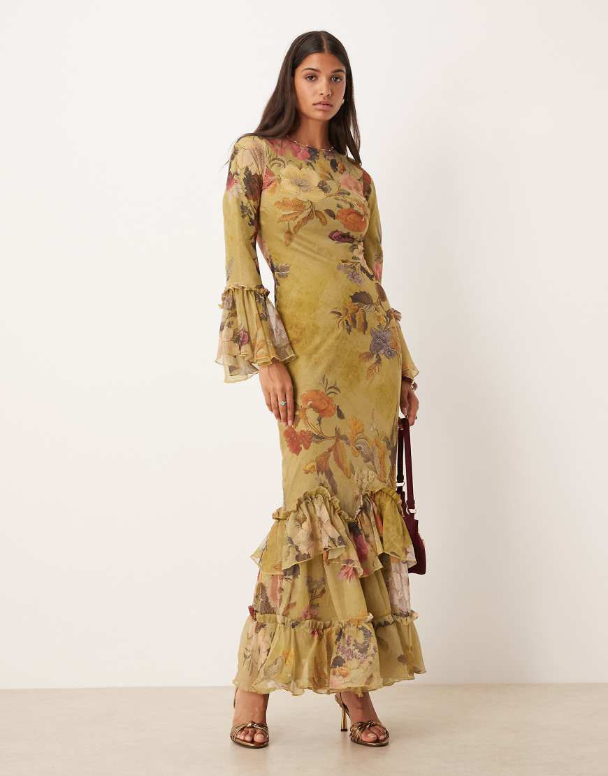 Tiered ruffle long sleeve chiffon maxi dress in green floral print-Multi