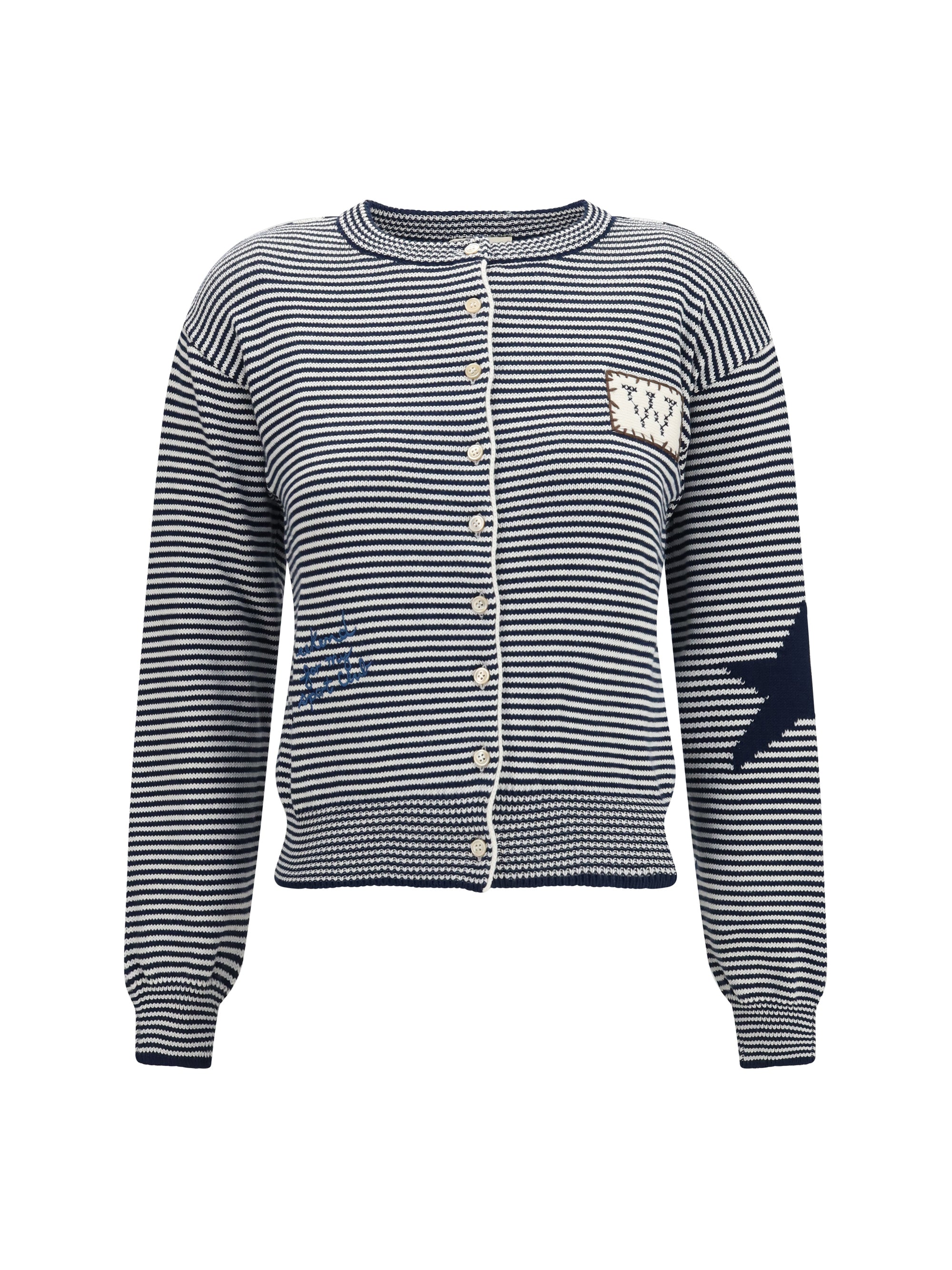 Striped Cotton Knit with Intarsia Cardigan — Navy