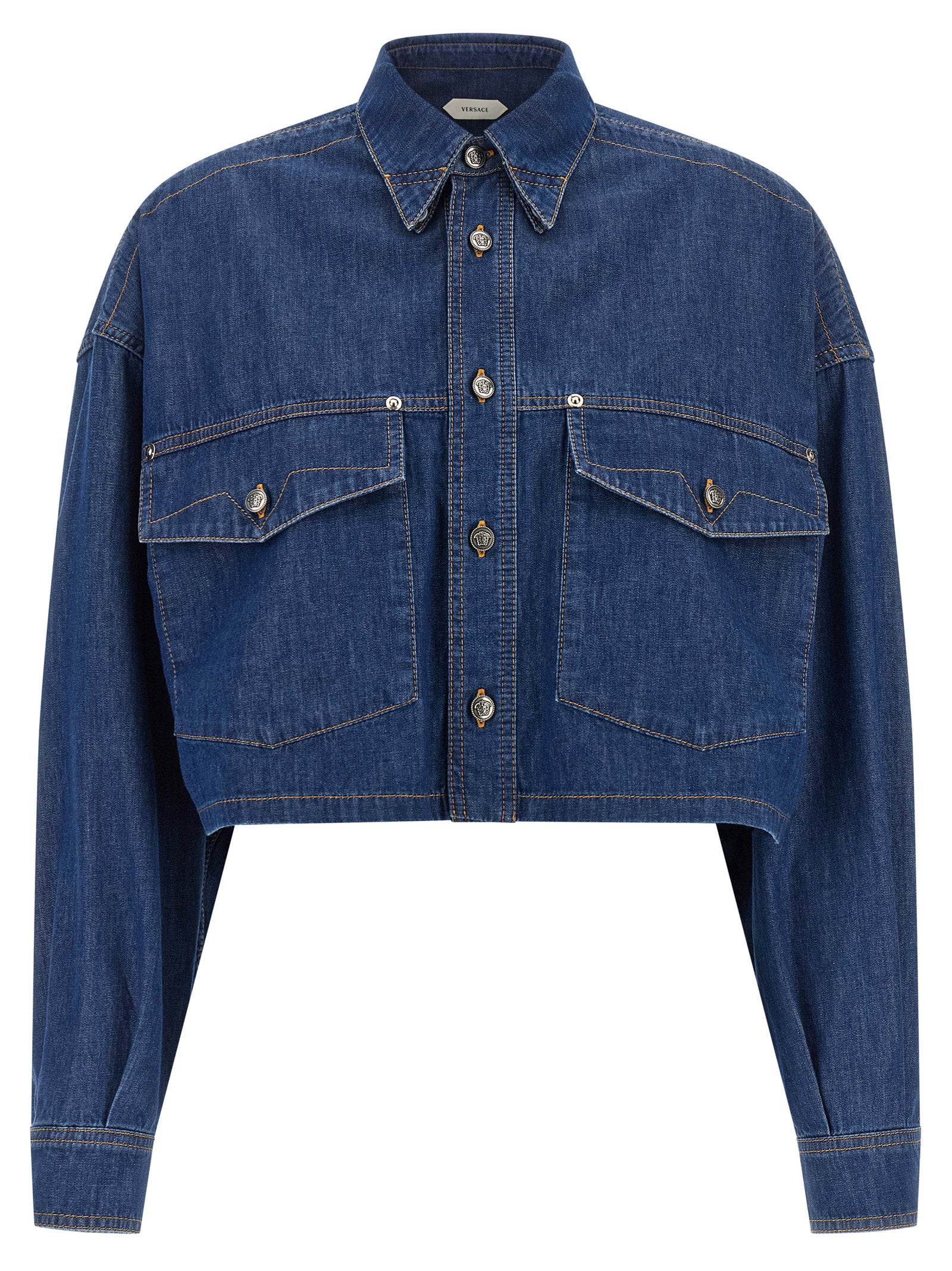 Cotton Denim Cropped Shirt — Blue