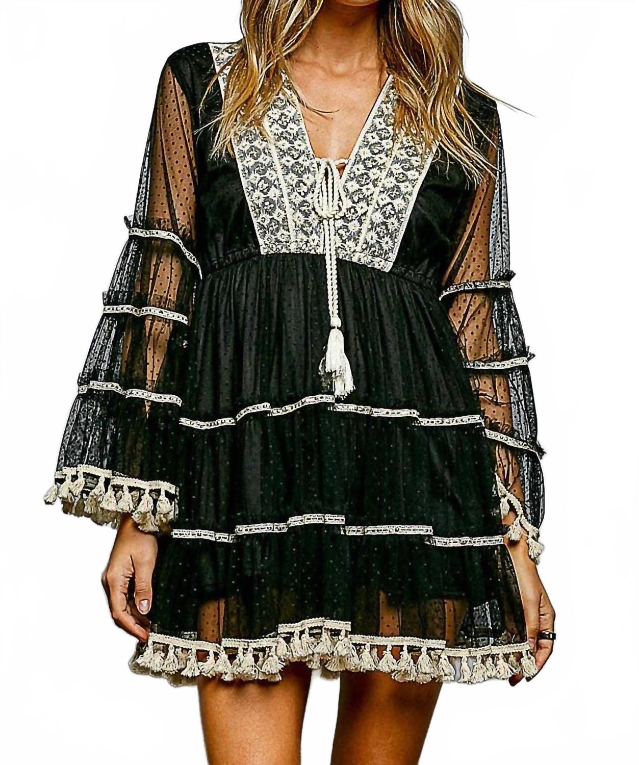 Split Embroidery Tassel Detail V-Neck Flared Short Dress In Black