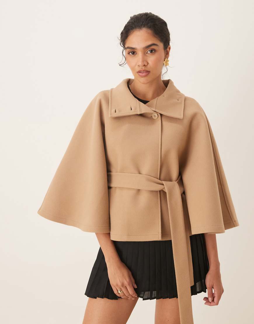 Funnel neck belt cape jacket in beige-Neutral