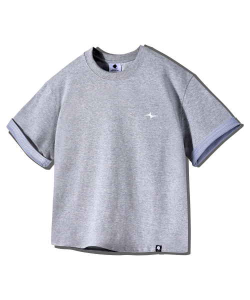 Cropped Stripe Color Block Roll-Up Short Sleeve T-Shirt GT-392_Gray