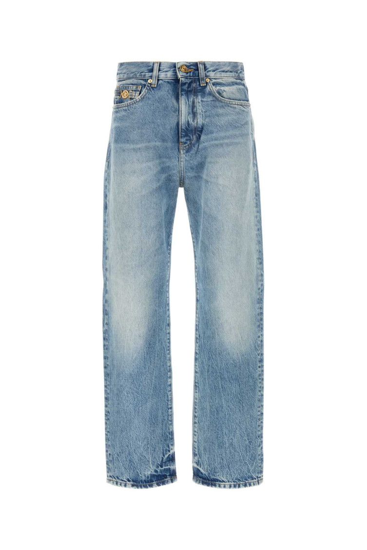 Blue Jeans With Back Logo Patch And Faded Effect In Denim Man