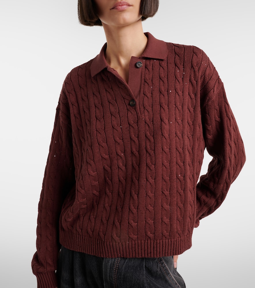 Cable-knit cotton-blend polo sweater