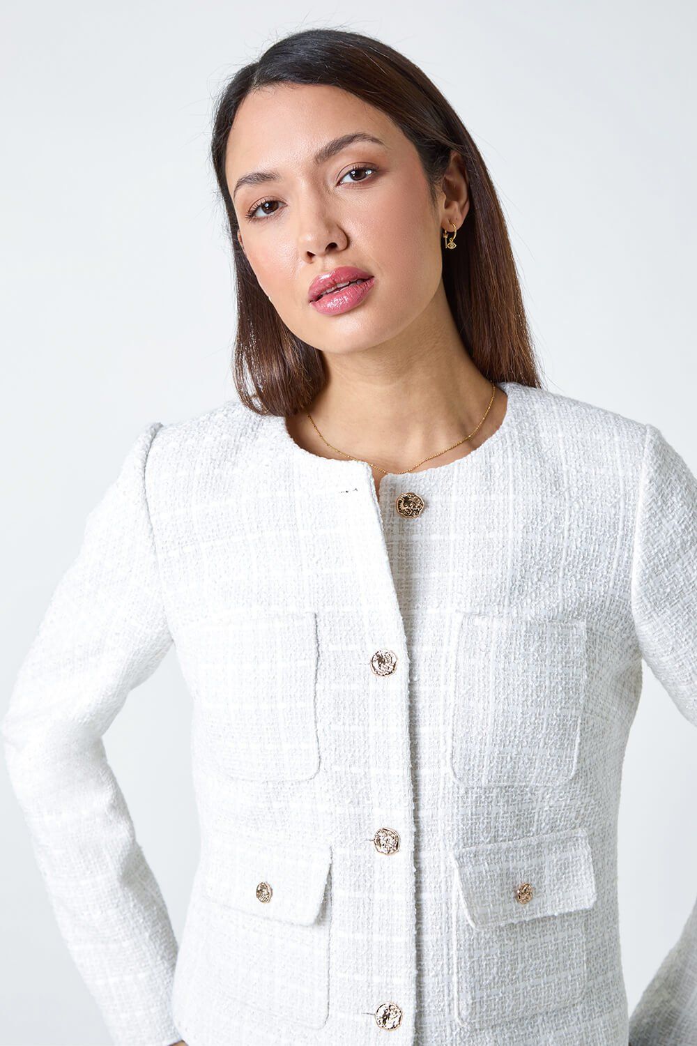 Roman Collarless Boucle Jacket In Ivory