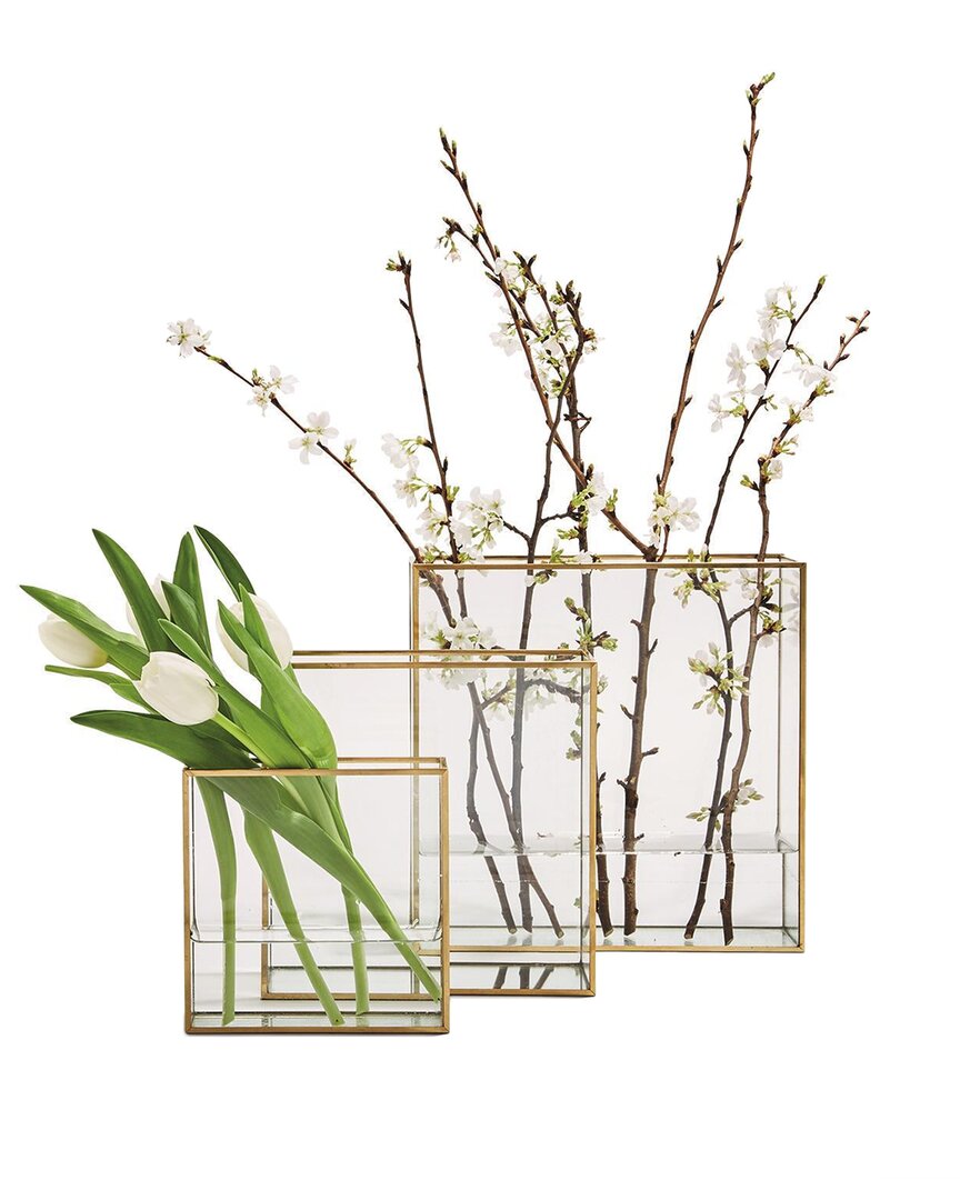 Set of 3 Square Vases with Gold Metal Trim