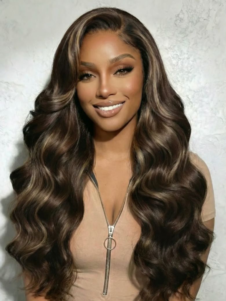 UNice 13x4 Bye Bye Slip™ Lace Frontal Dark Chocolate Brown with Caramel Highlights Body Wave Wig with Side Part Bang