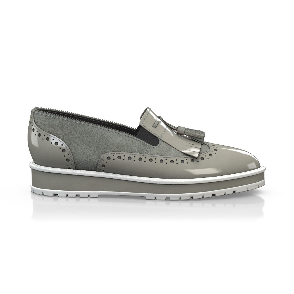 Custom Women's Slip On Brogue Loafers Handmade in Italy - Slate Gray Grey Patent Leather - Low heel, Brogues, Slip-on - GIROTTI