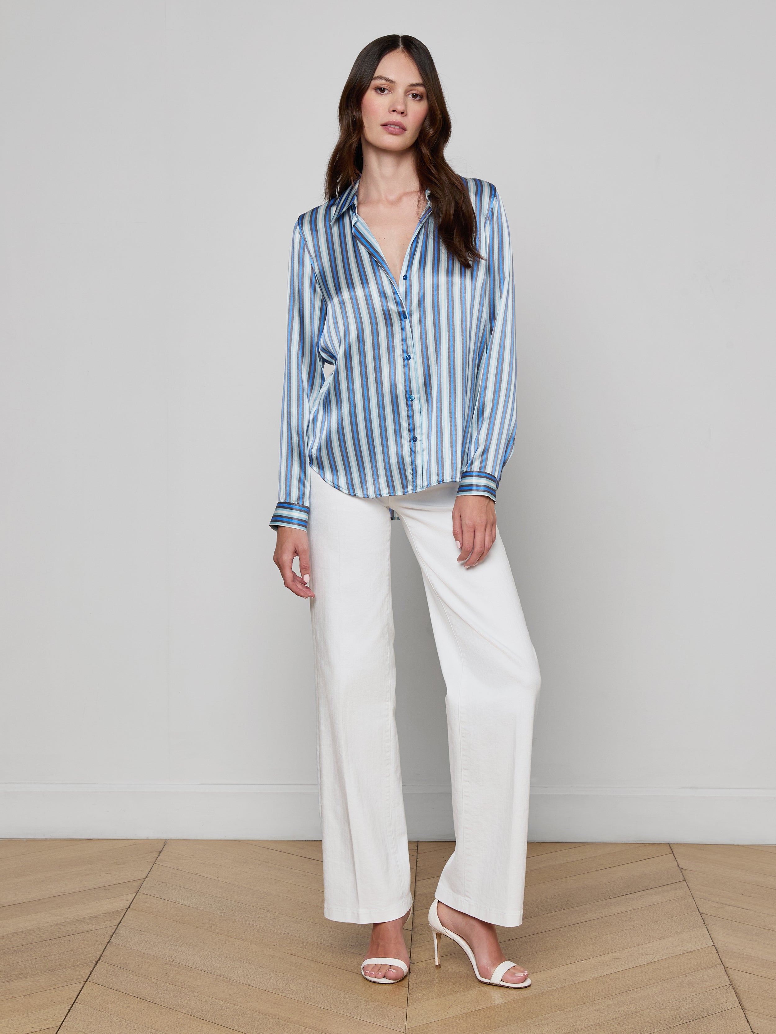 Tyler Silk Blouse Top In Blue Multi Herringbone Stripe