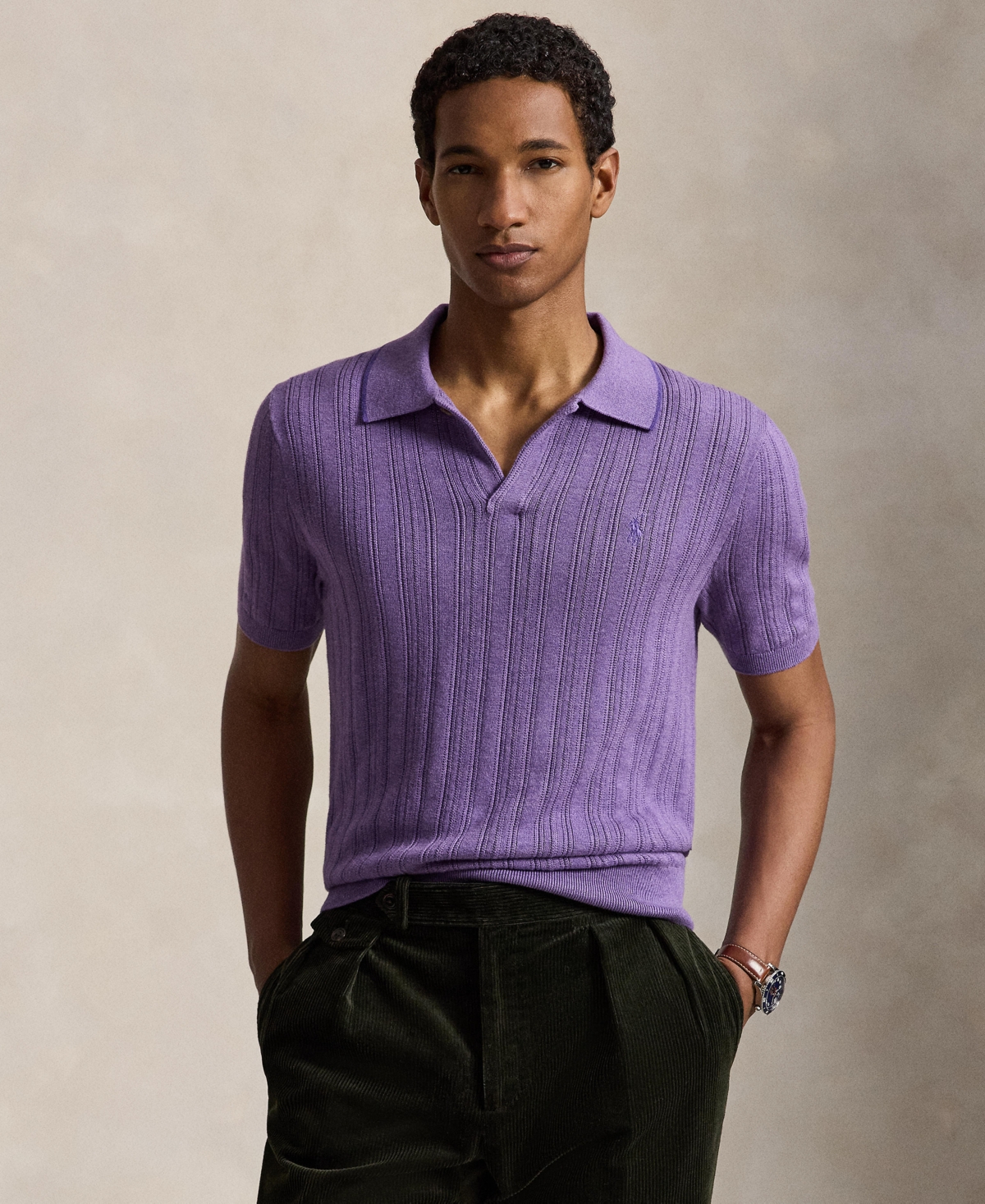 Men's Textured Cotton Polo Shirt - Light Coronet Purple Heather