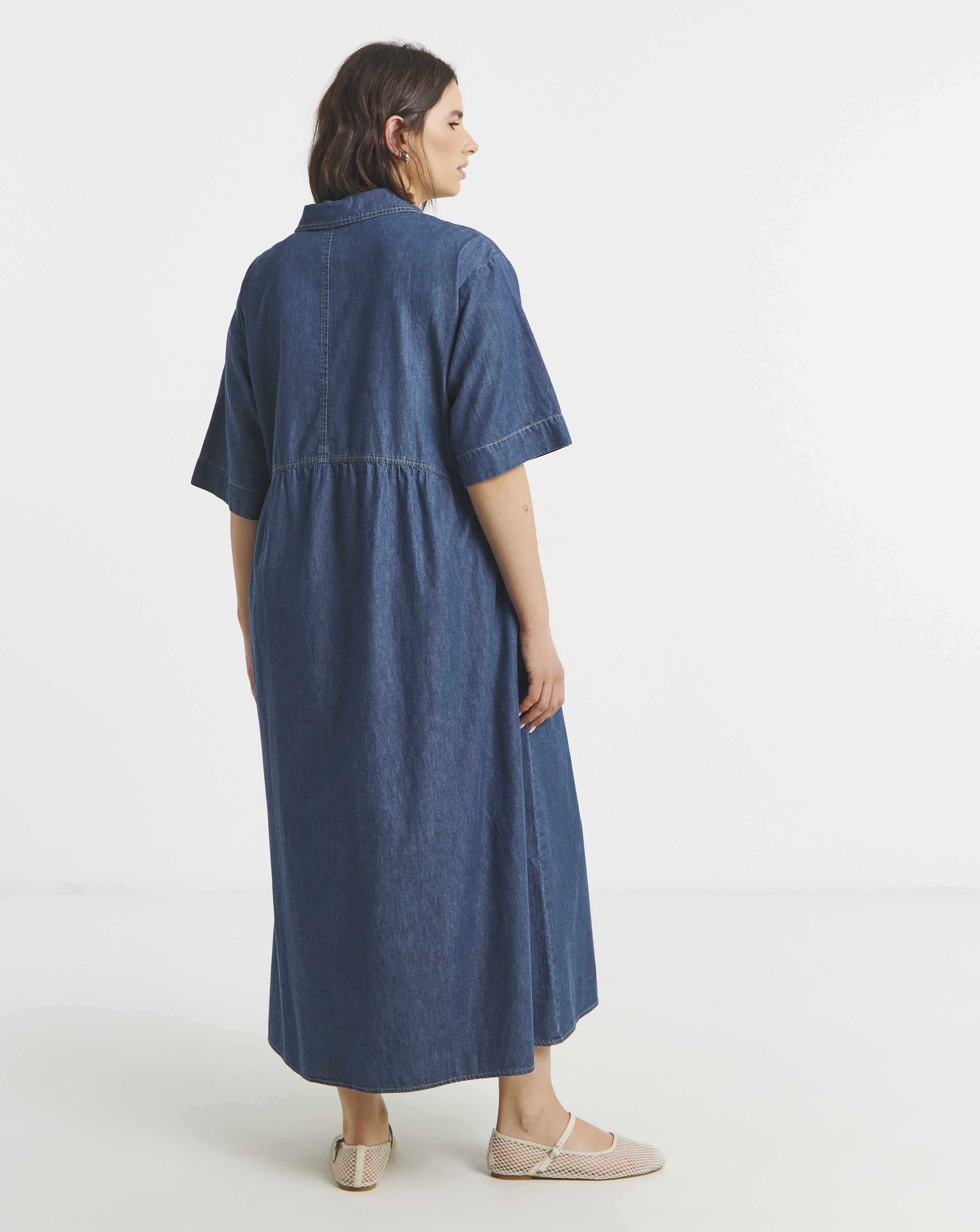Short Sleeve Collared Denim Midaxi Dre