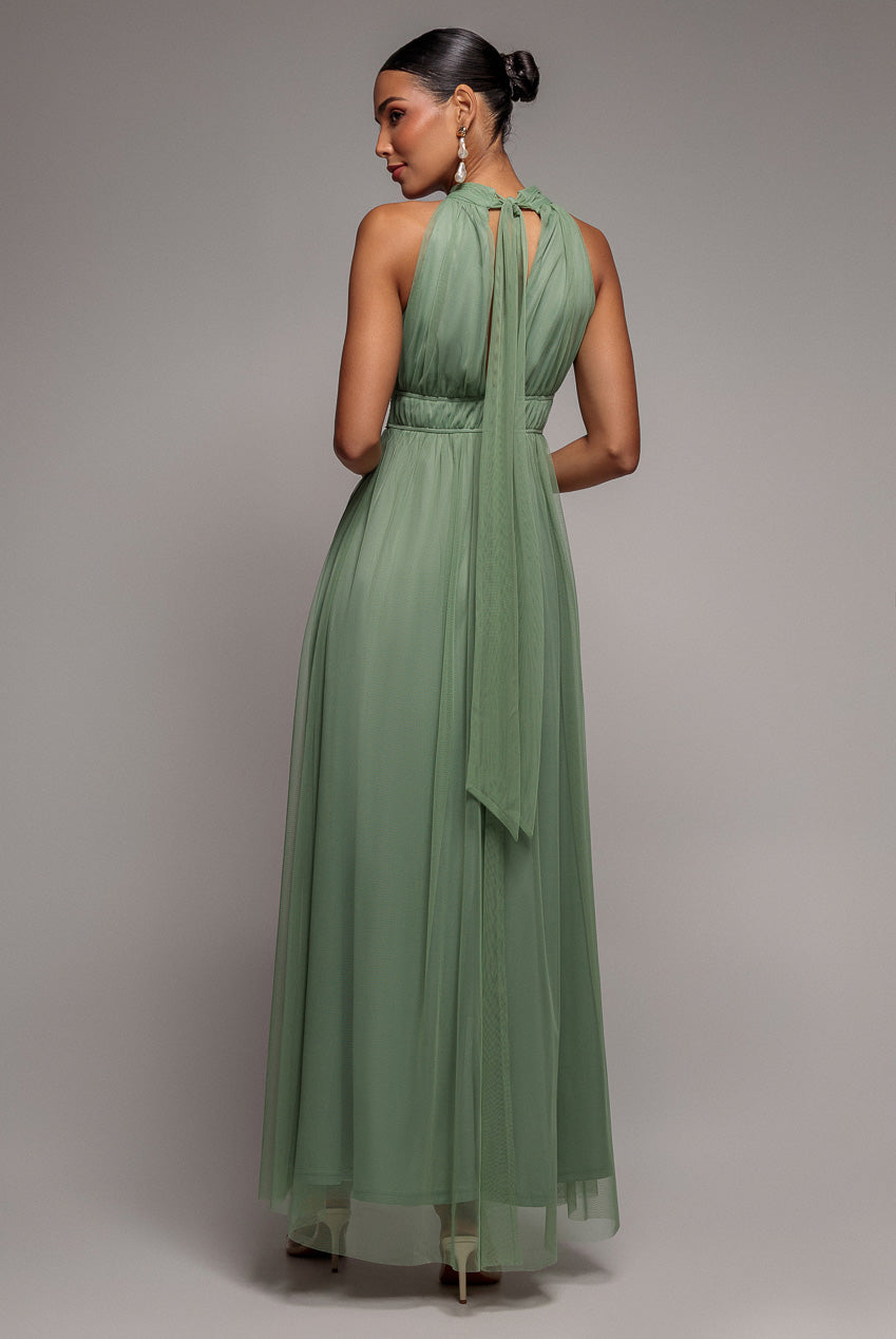 Goddiva Halter Neck Mesh Tie Maxi Dress - Dusty Sage