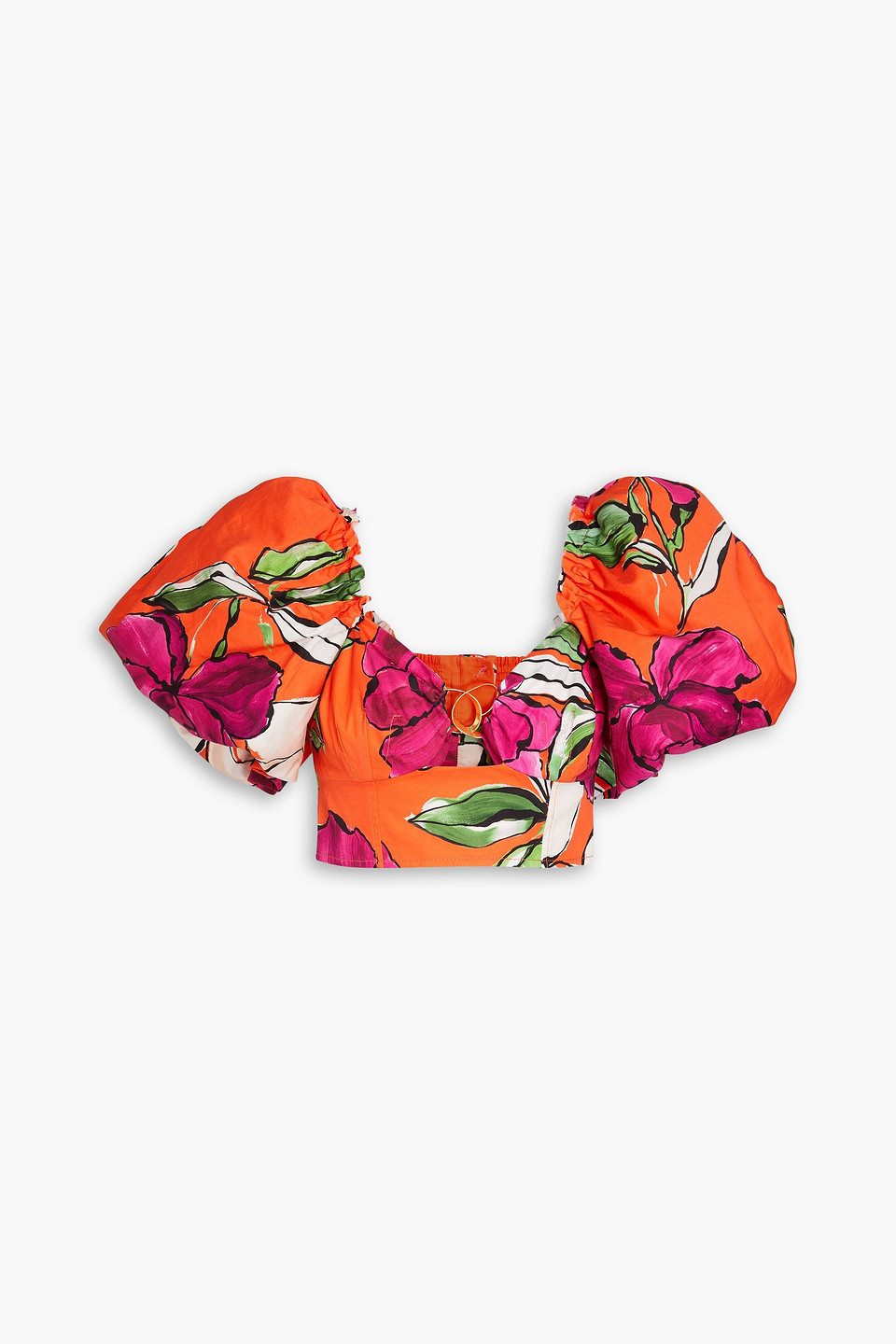 Marcel cropped embellished floral-print cotton-poplin top - Orange - UK 4