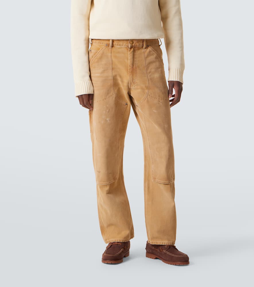 Distressed cotton canvas straight pants