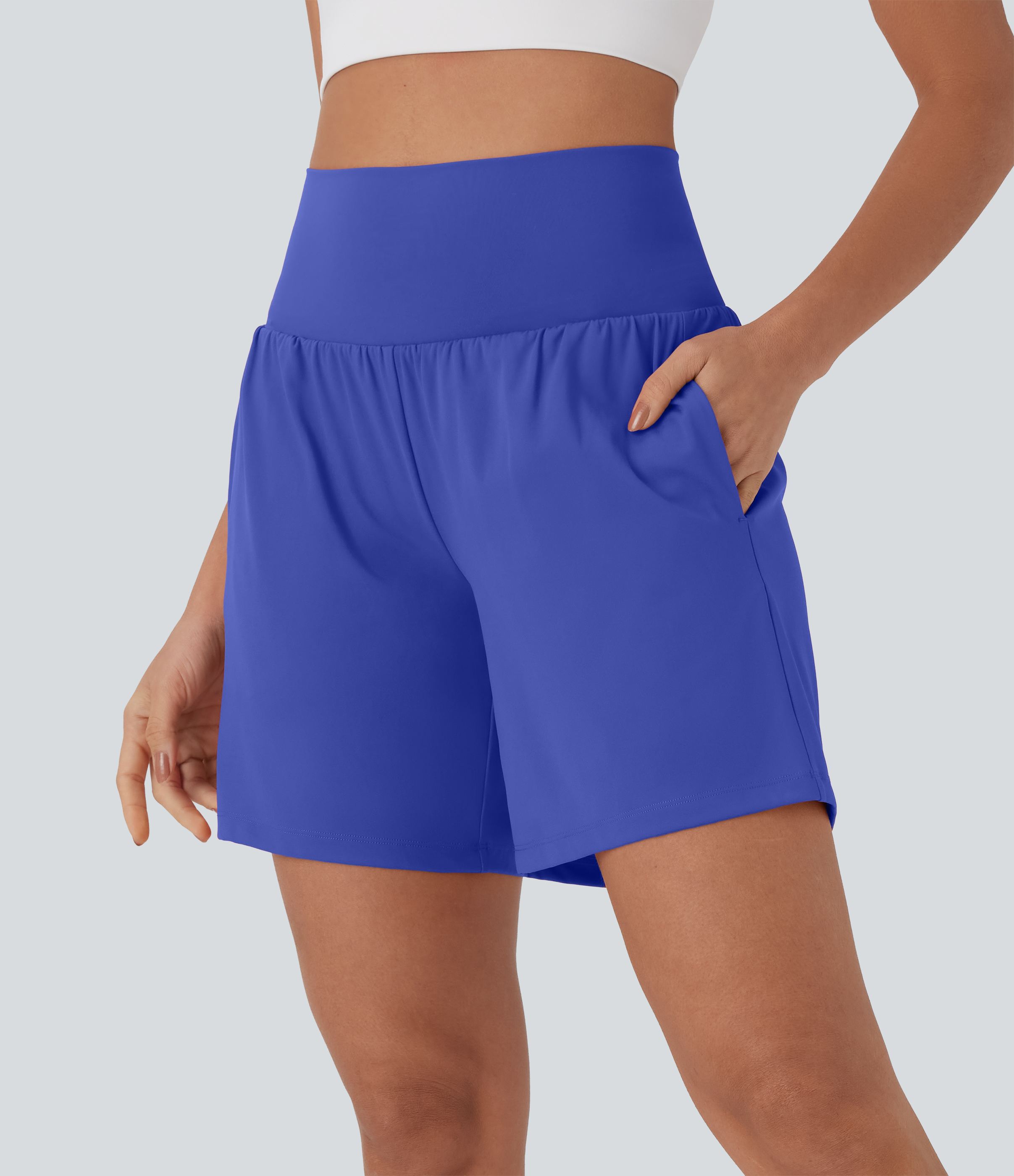 "Softlyzero™ Airy Super High Waisted 2-in-1 Cool Touch Yoga Shorts 7"" with Pockets Gym Short - Aster Blue