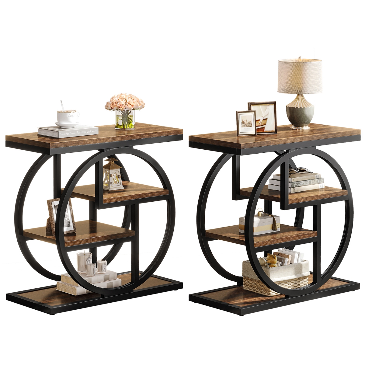 End Table Set of 2, 4-Tier Narrow Side Table with Storage Shelves, Wood Small Sofa Side Table with Geometric Metal Frame, Industrial Bedsid