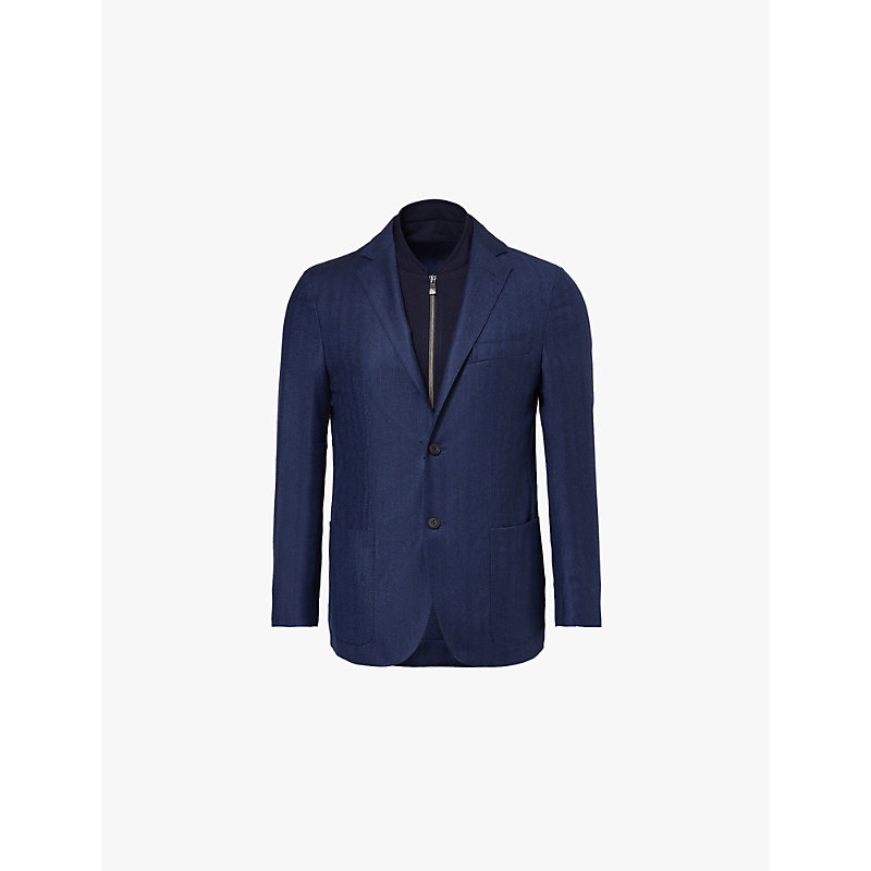 Mens Blue Herringbone Single-breasted Brushed Wool Blazer