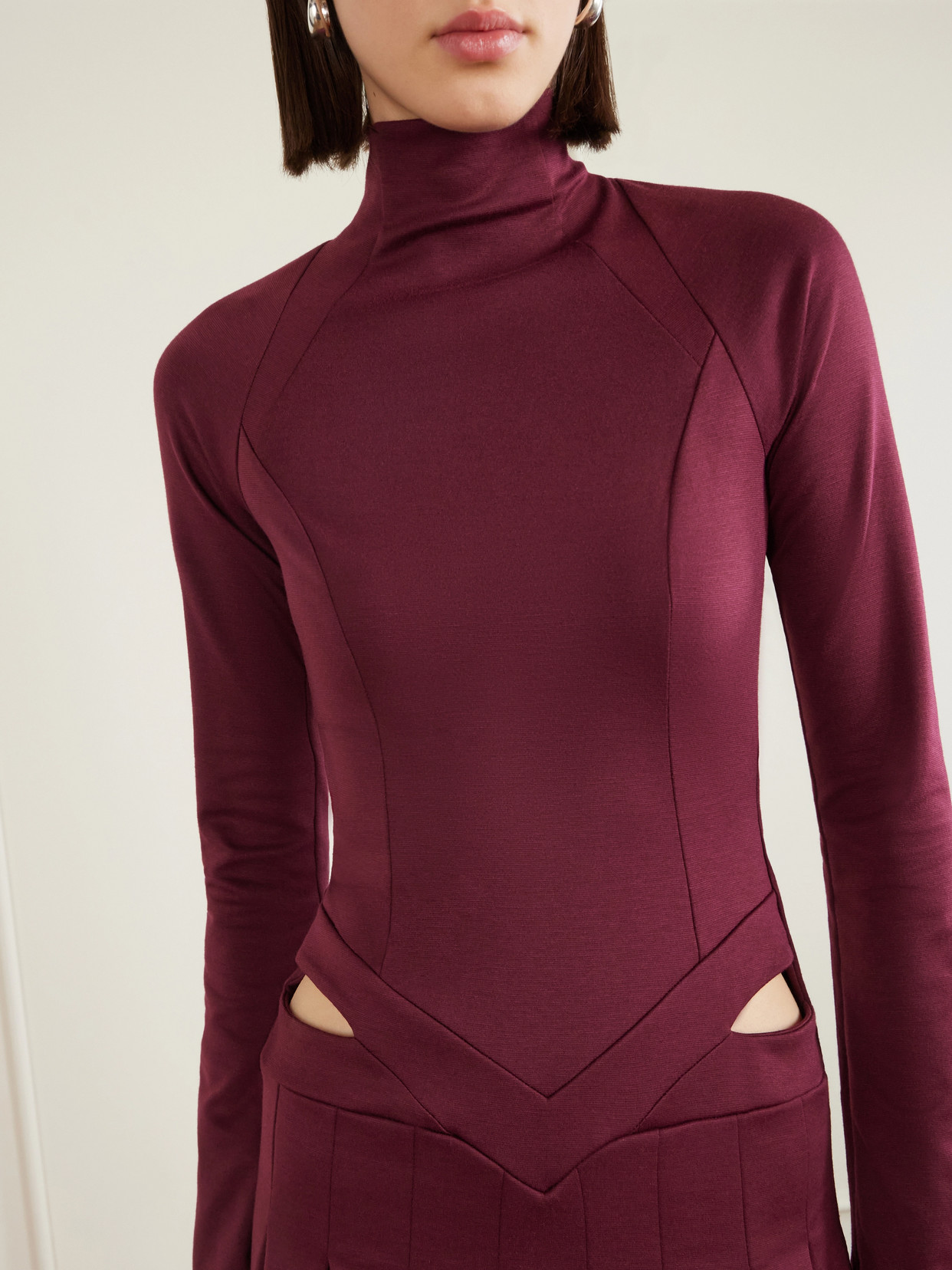 Open-back Cutout Pleated Jersey Turtleneck Midi Dress - Burgundy