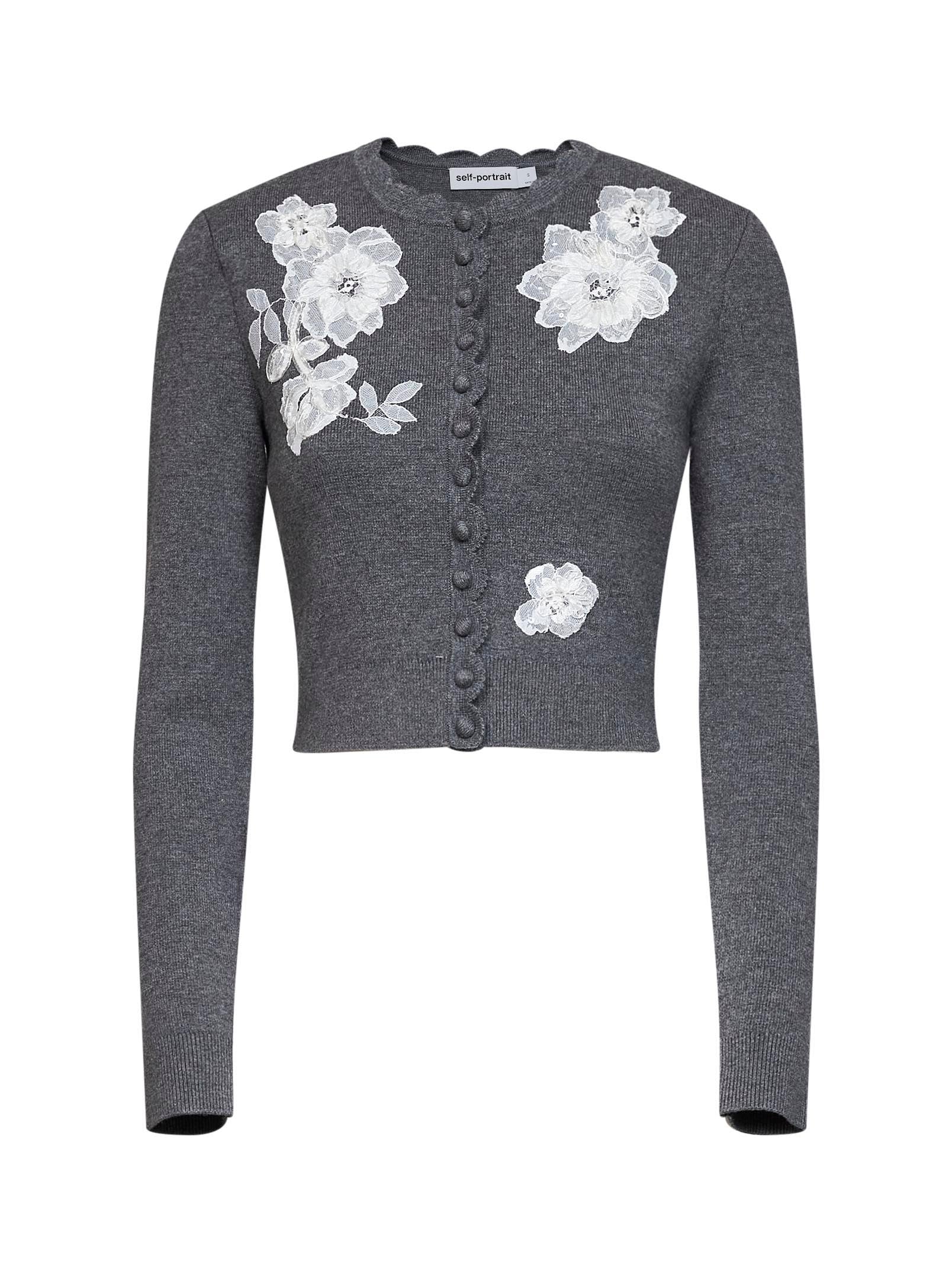 Floral Lace-Embroidered Wool Cardigan — Gray