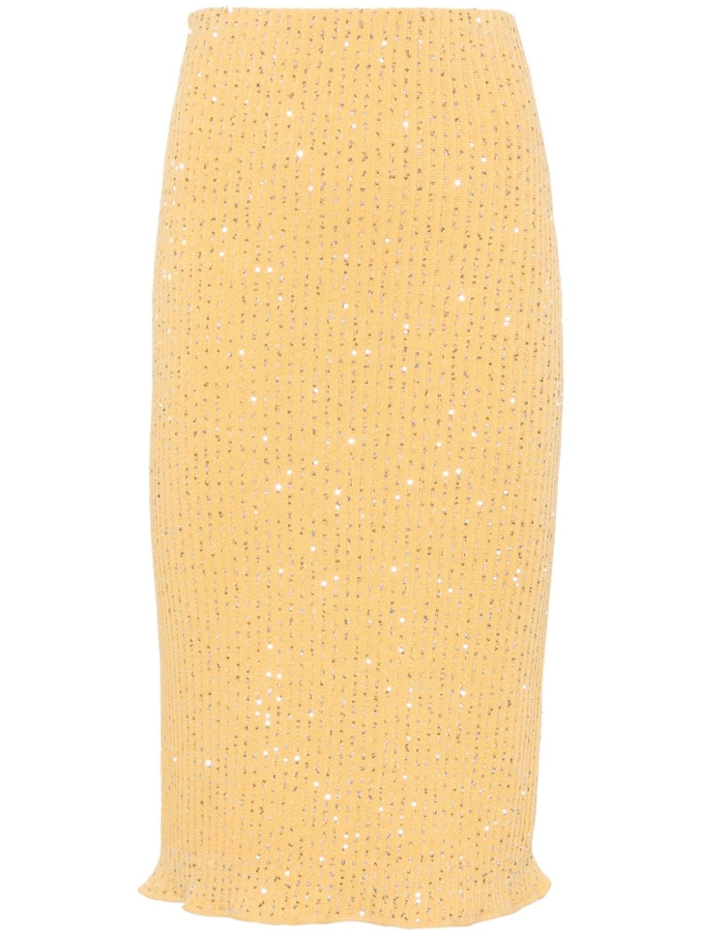 Sequin-Embellished Ribbed Knit Skirt — Yellow