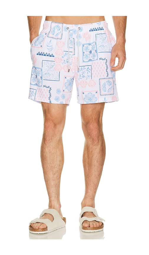 Vintage Summer Seersucker Strech Volley Swim Trunks in White. M. Also in S, L, XL/1X, XXL/2X
