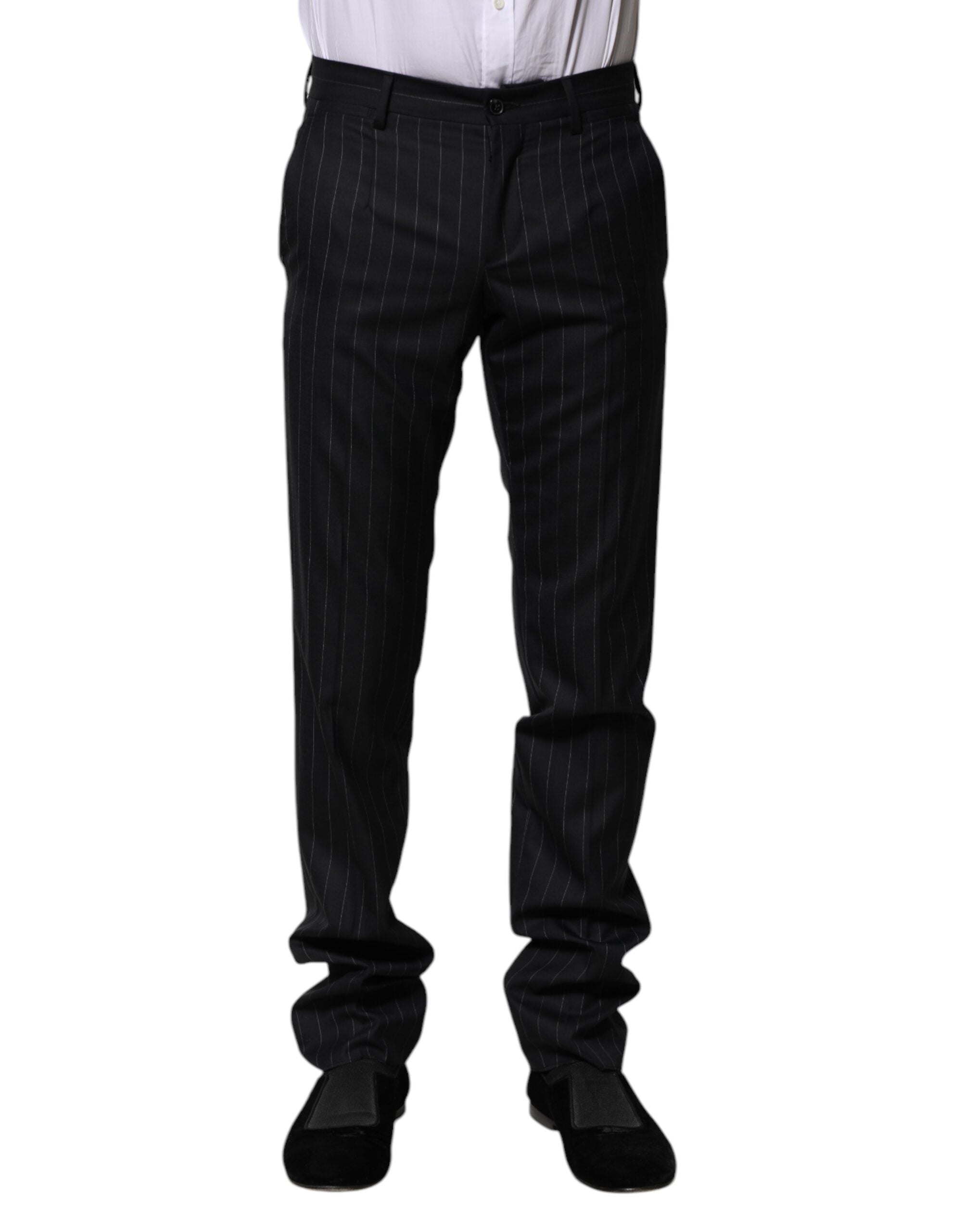 Virgin Wool Pinstripe Trousers — Black