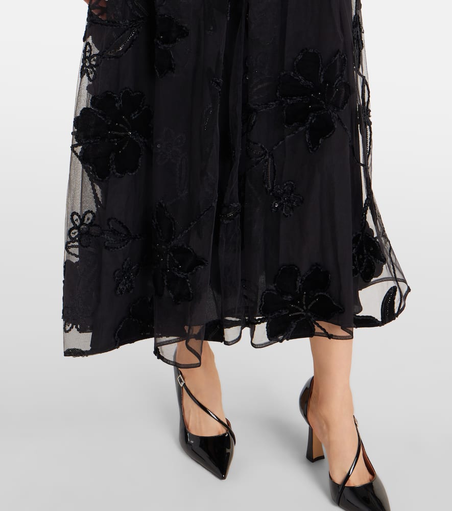 Embroidered tulle and velvet midi dress