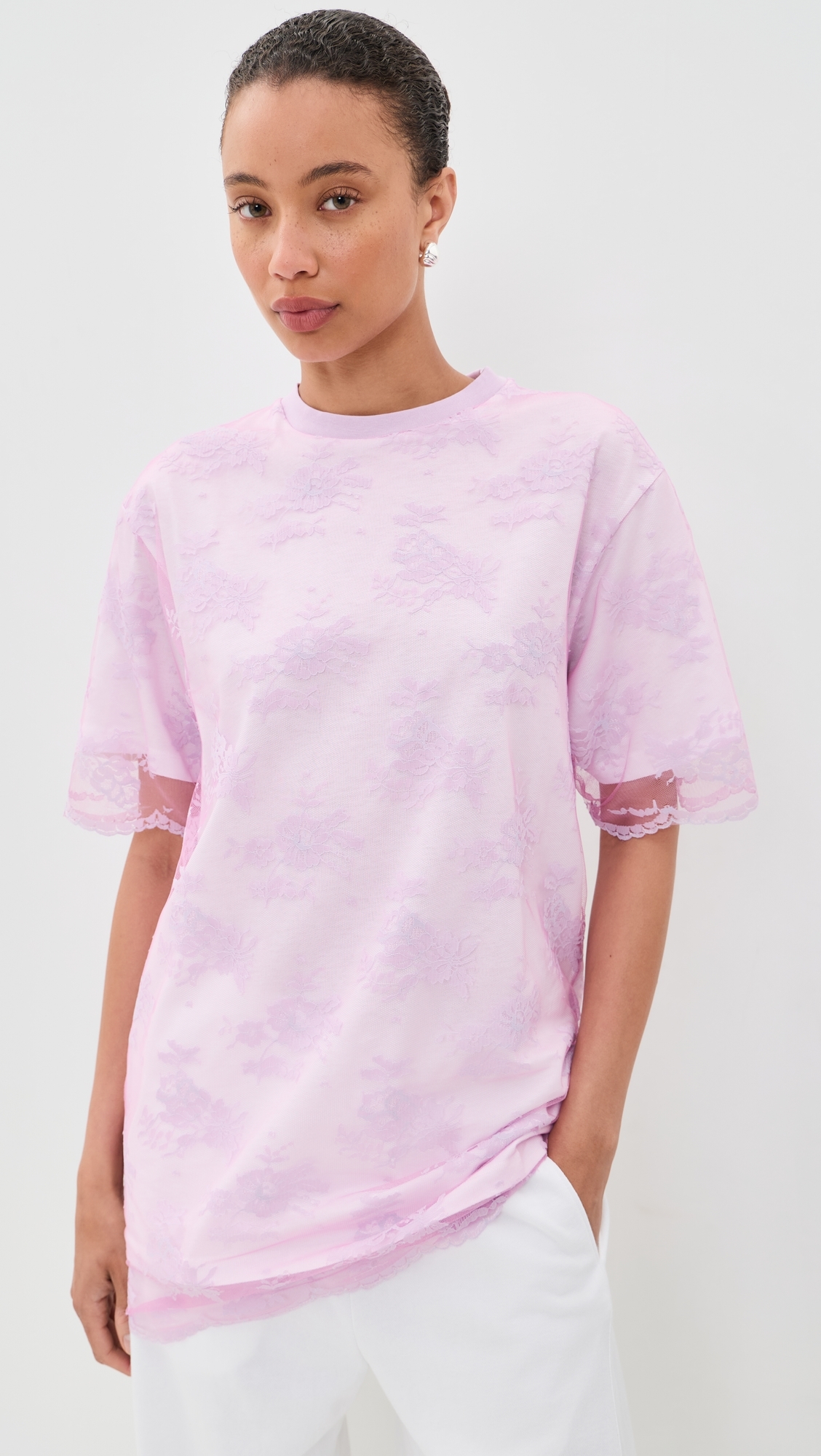 Relaxed Fit T-Shirt with Lace Overlayer Pink
