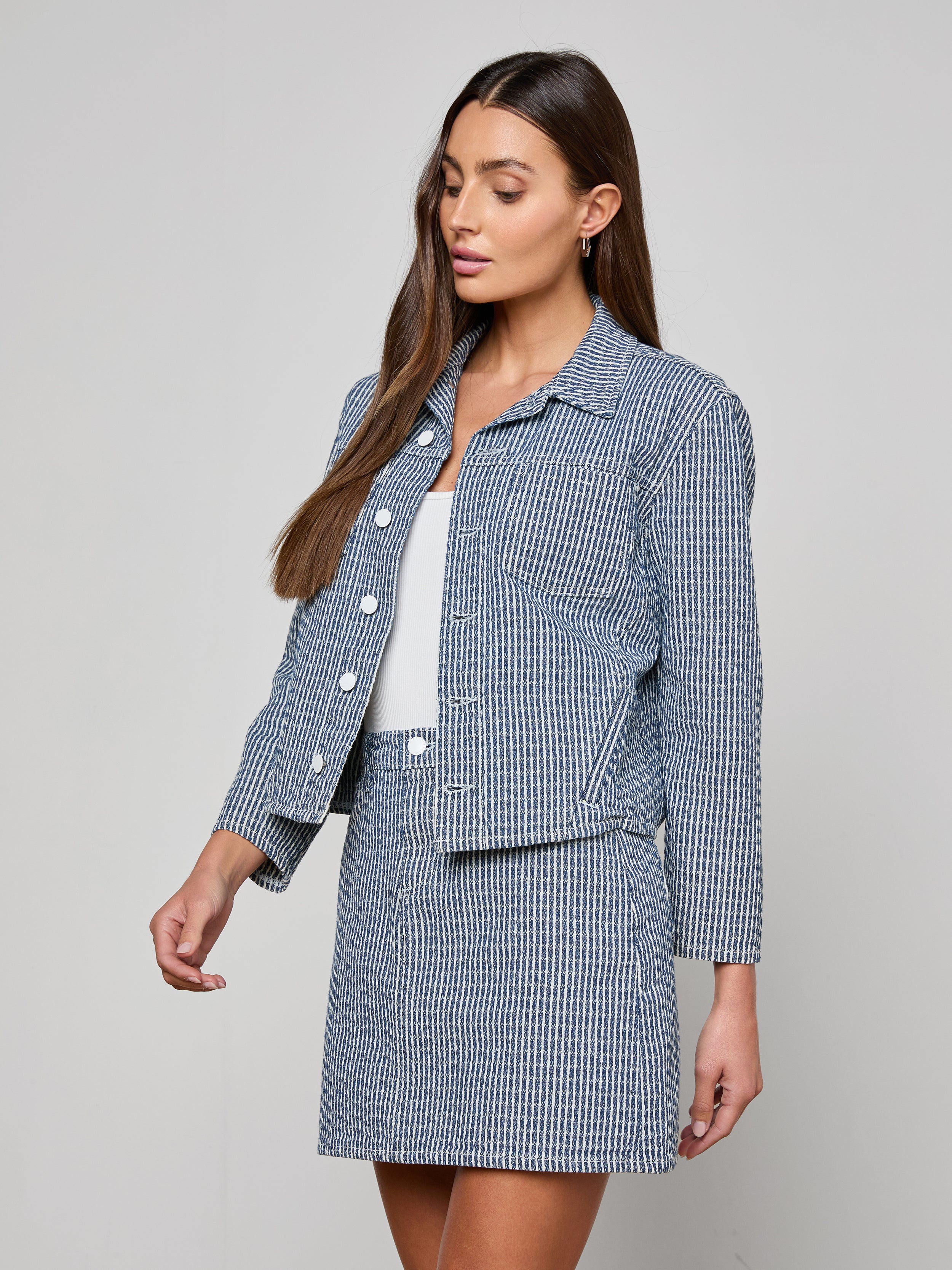 Nelly Cropped Jean Jacket In Vista Blue Stripe