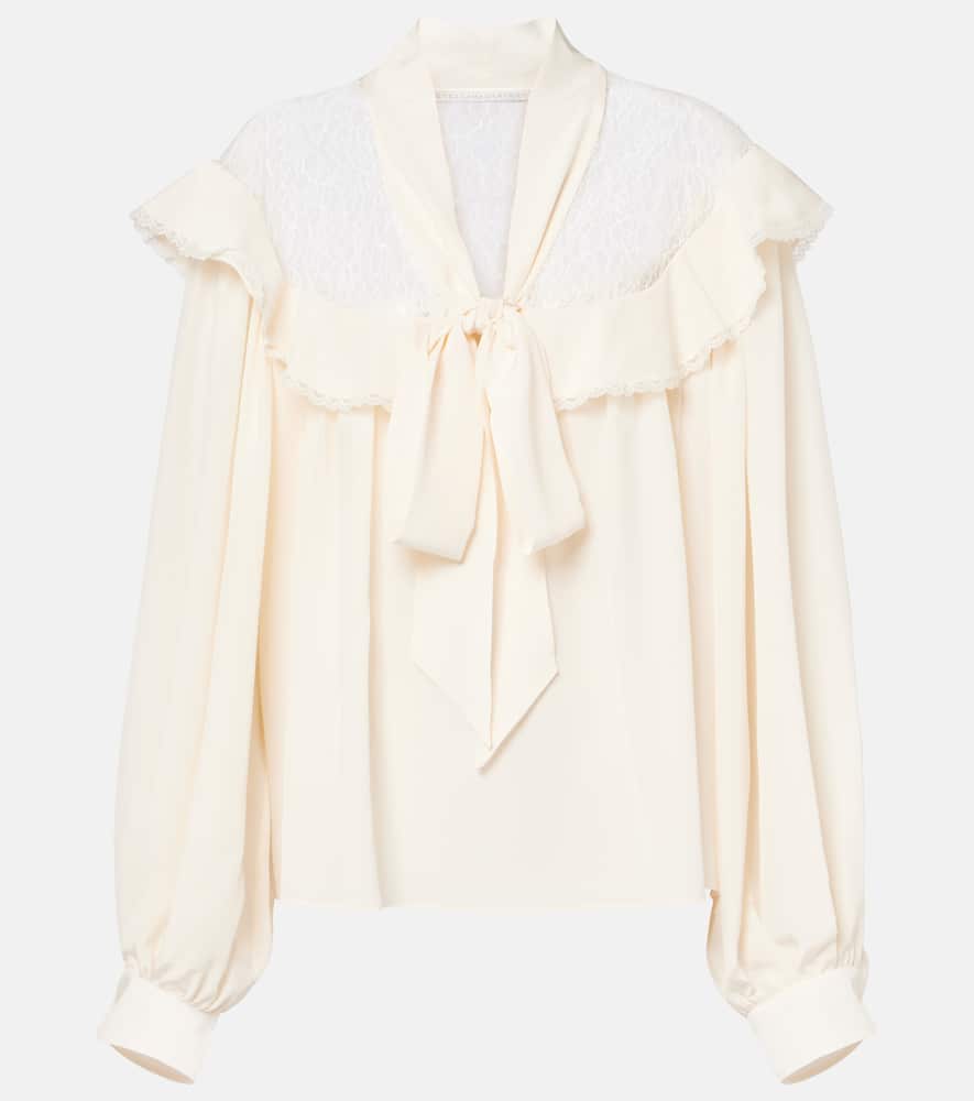 Bow-detail lace-trimmed silk blouse