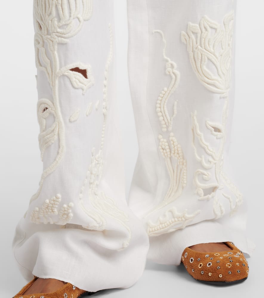 Embroidered Beauty linen wide-leg pants