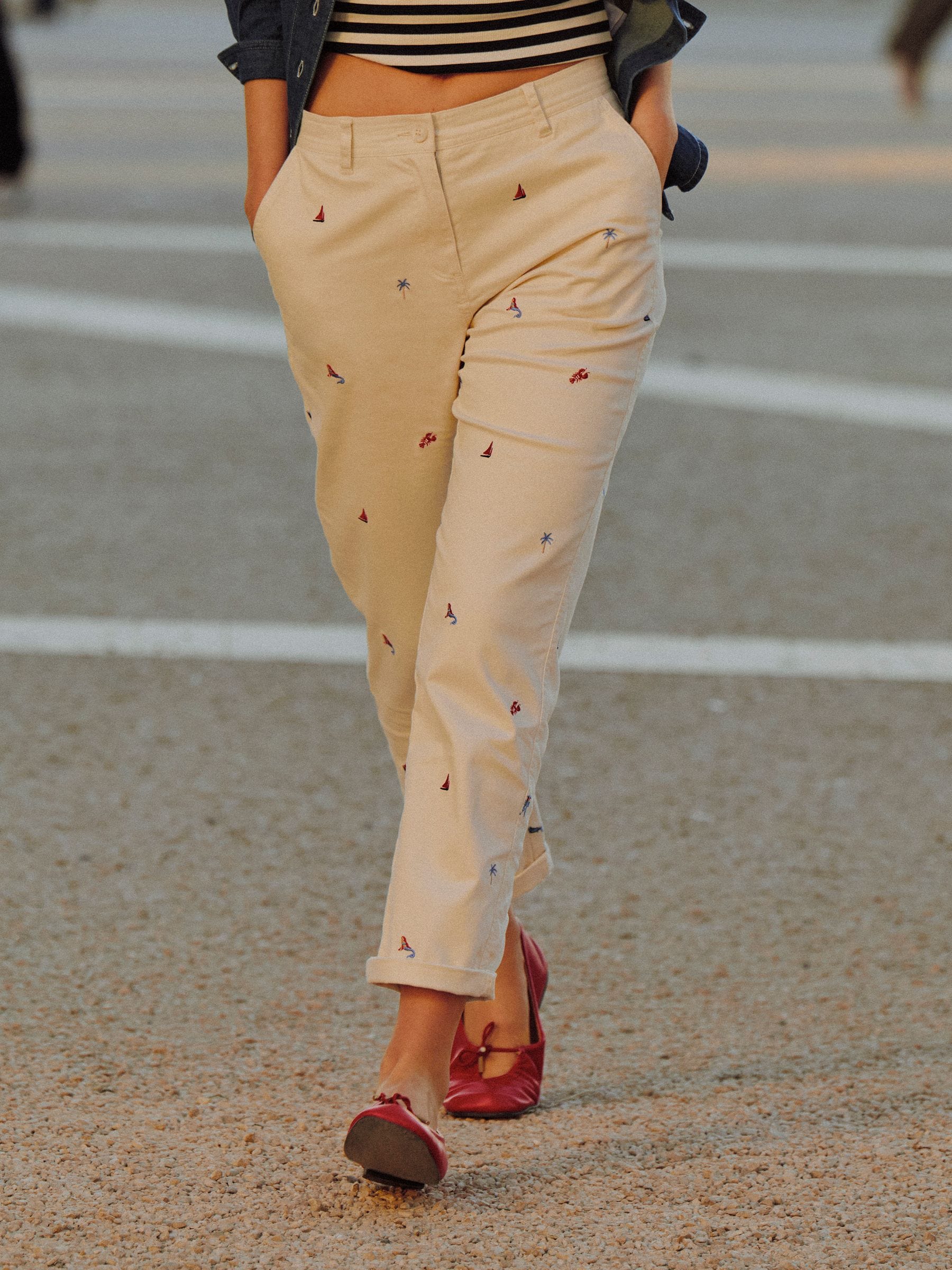 Cream Embroidered Slim Fit Chino Trousers with Elasticated Waist