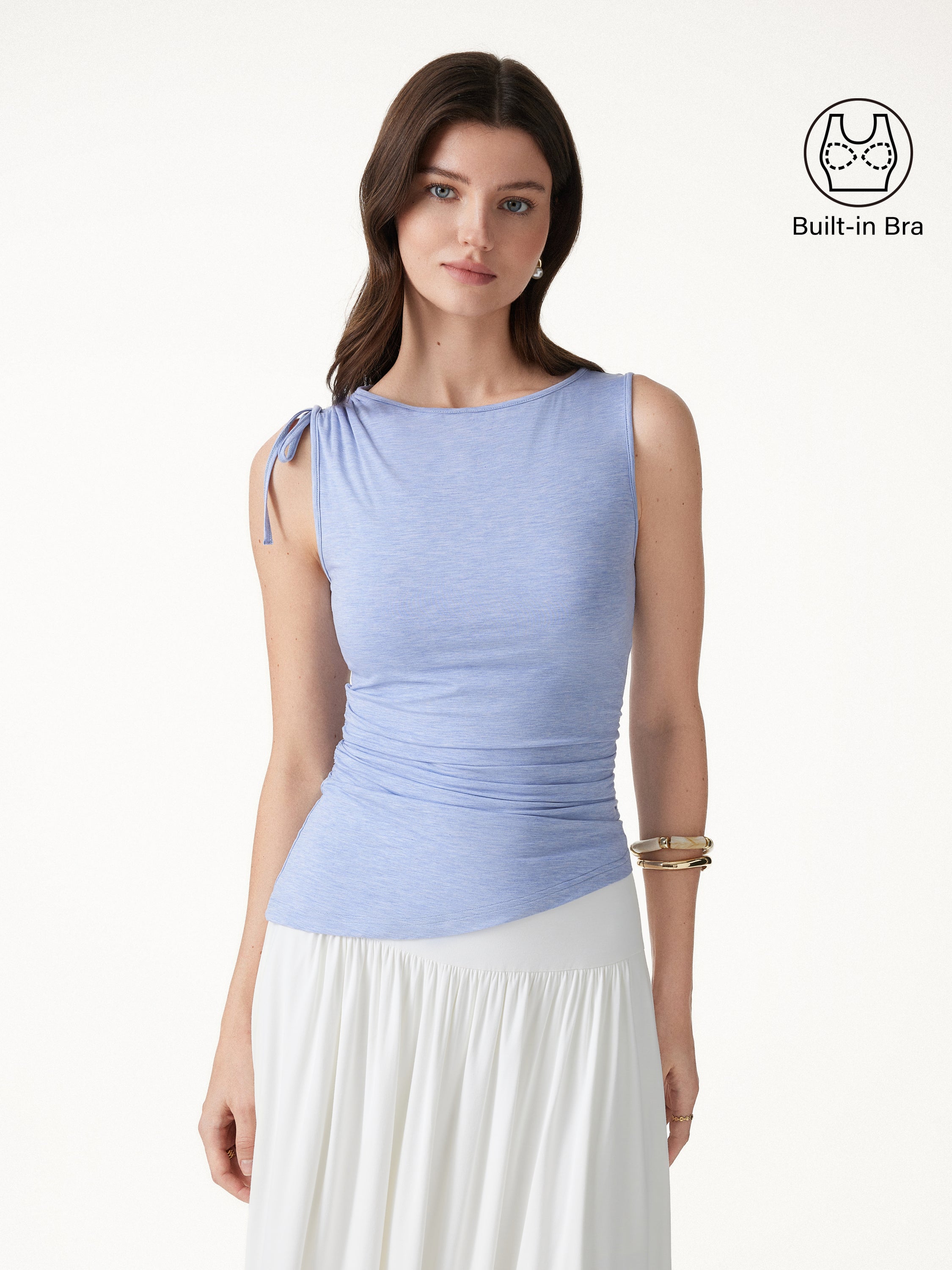 Bamboo Heathered Boatneck Ruched Bra Top - Heather Periwinkle Blue