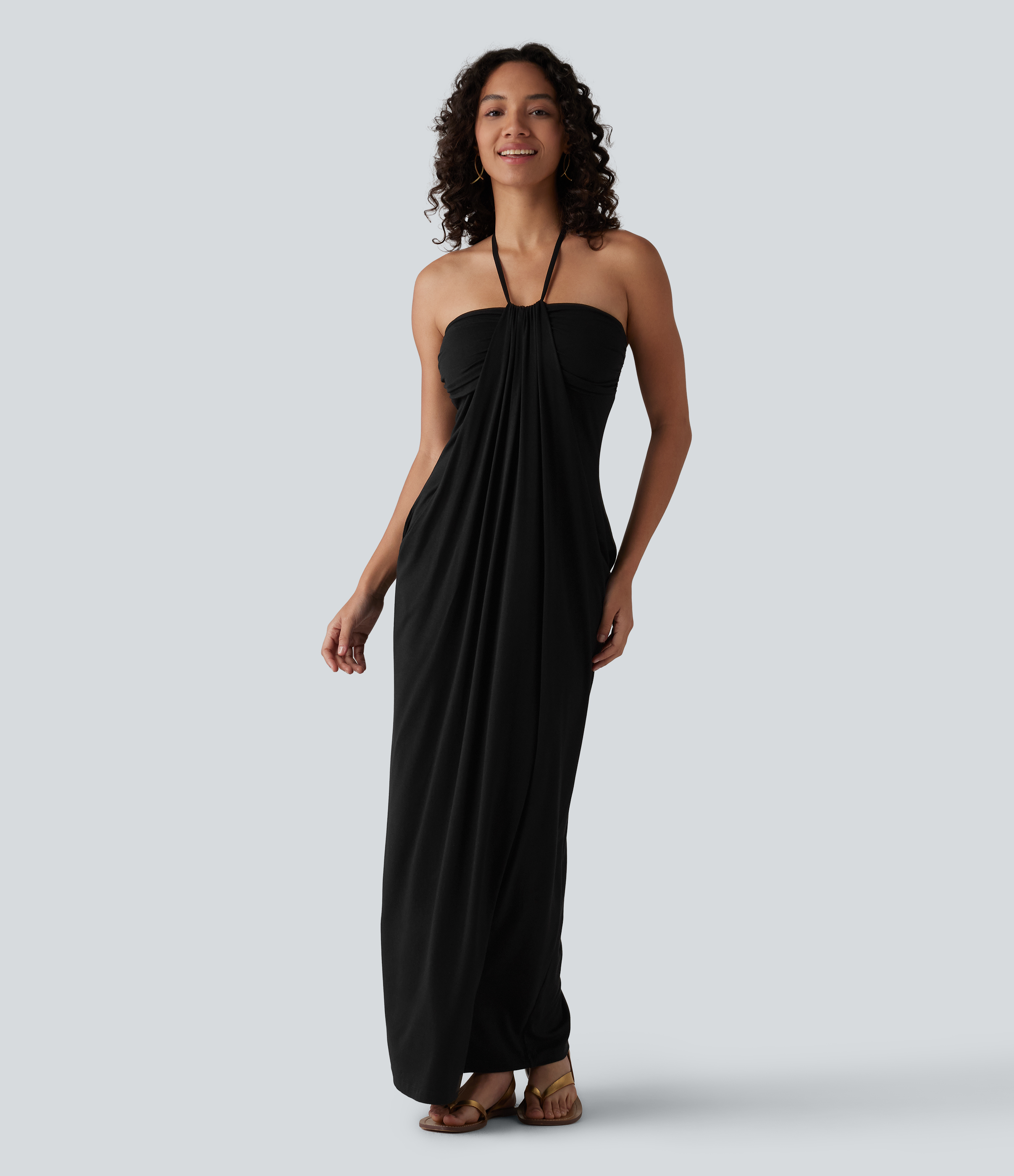 Halter Tie Back Built-in Bra Maxi Dress with Pockets Casual Dress - Black
