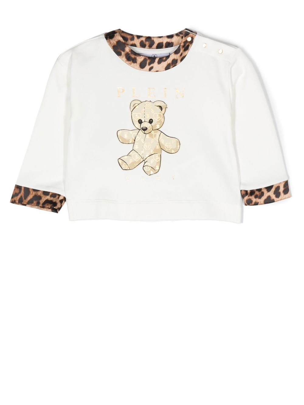 Teddy Bear-print leopard-trim top - White