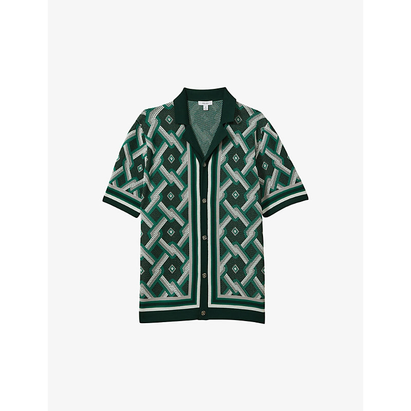 Mens Green Multi Hyde Geometric-print Short-sleeve Knitted Shirt S