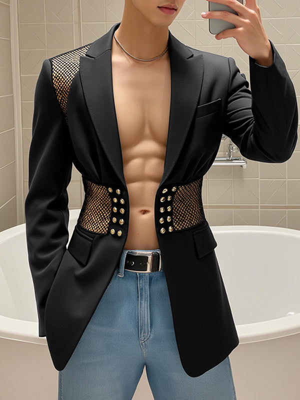 Mens Hollow-Out Mesh Fitted Long Sleeve Blazer SKUK94763 - Black / S