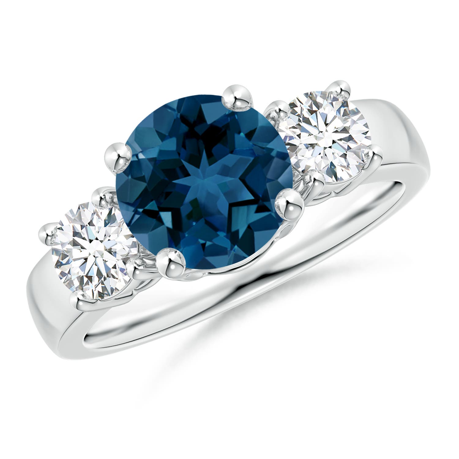 Angara 2.35 Carats Classic Round London Blue Topaz and Diamond Three Stone Engagement Ring in Platinum