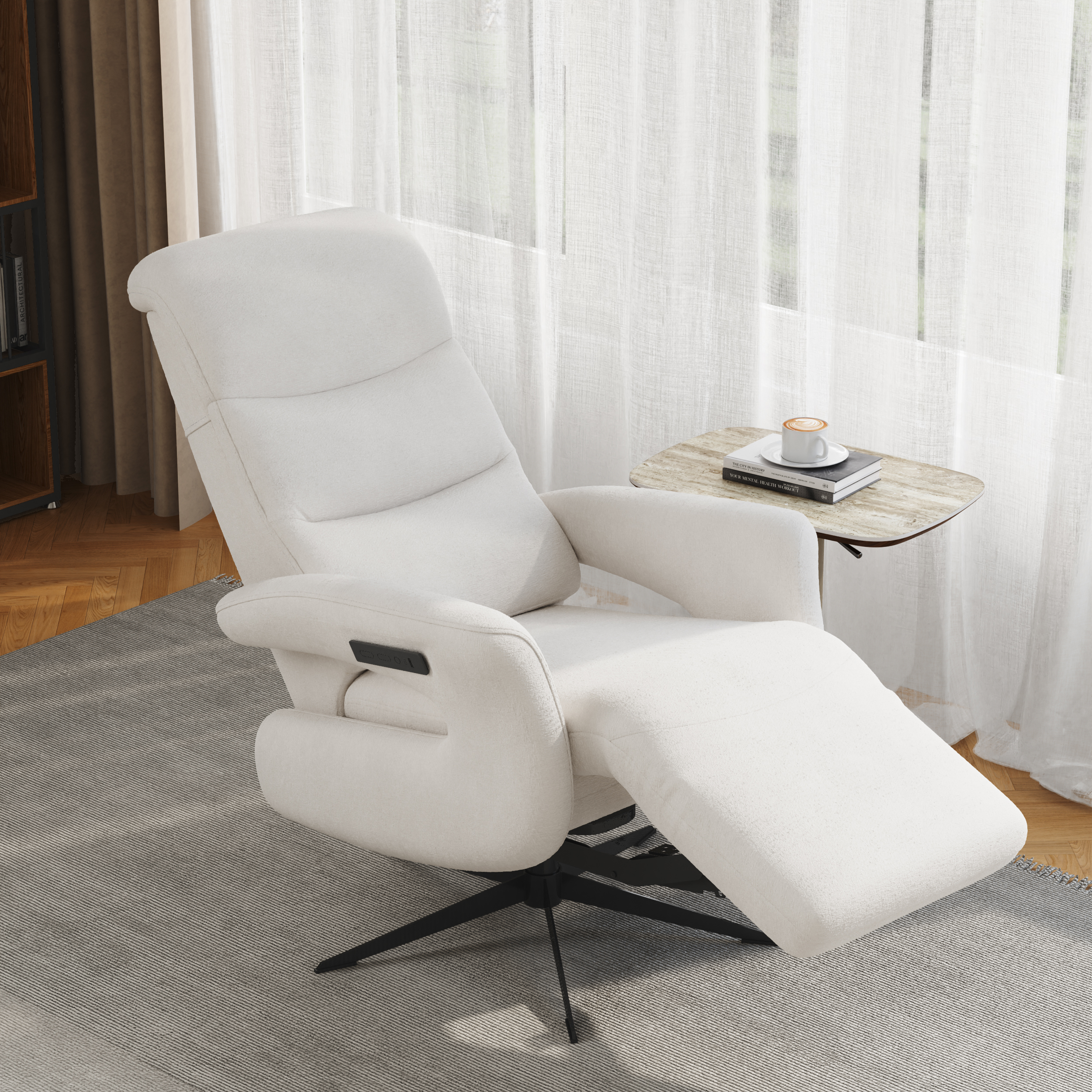 Fauteuil inclinable électrique moderne en velours de chenille blanc avec pivotant à