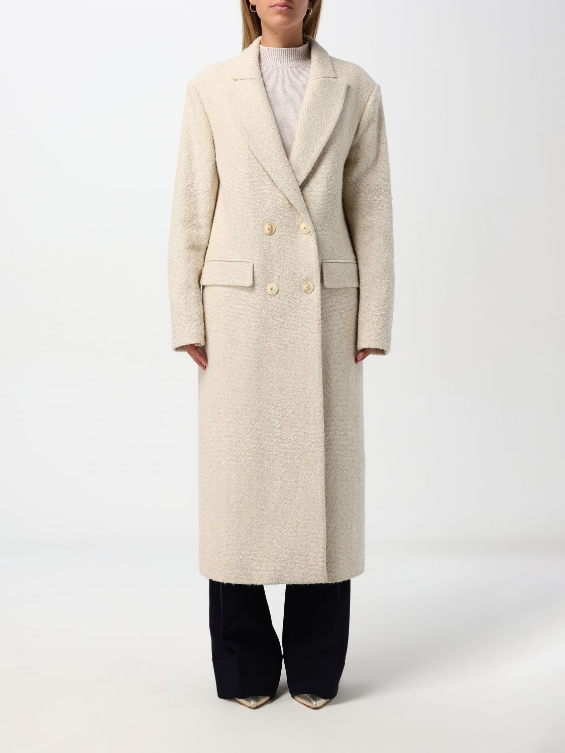 Double-breasted herringbone coat - Neutrals