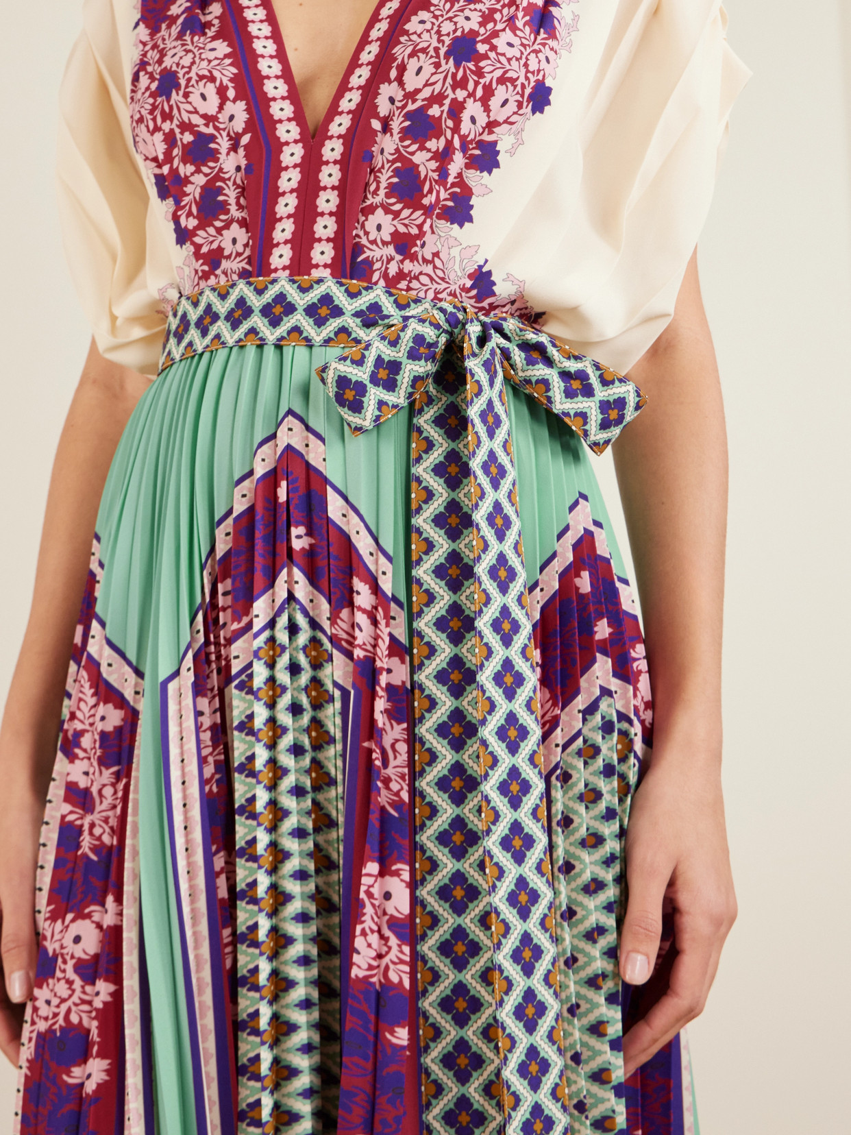 Belted Printed Pleated Crepe De Chine Maxi Dress - Multi