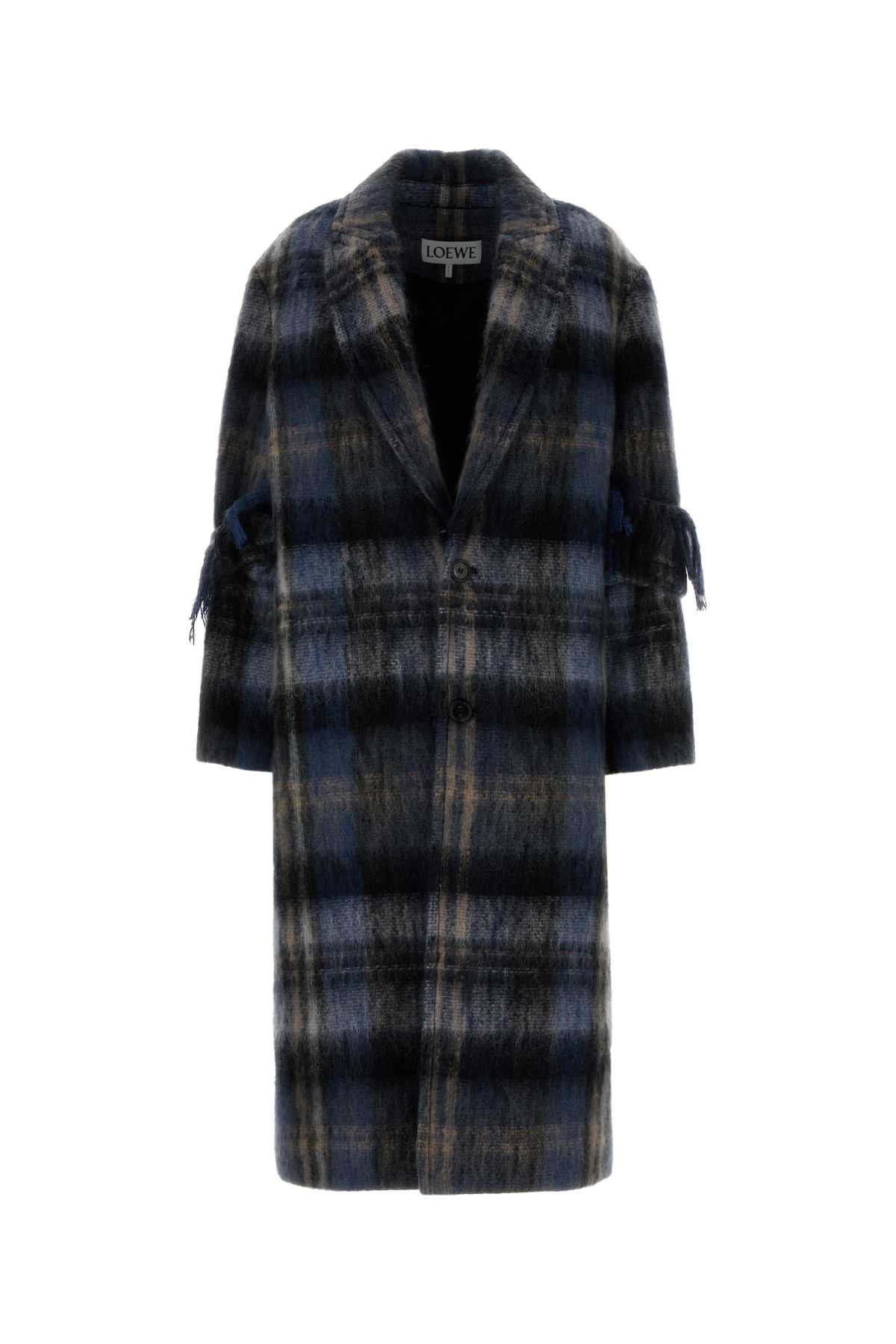 Plaid Mohair Blend Coat — Navy
