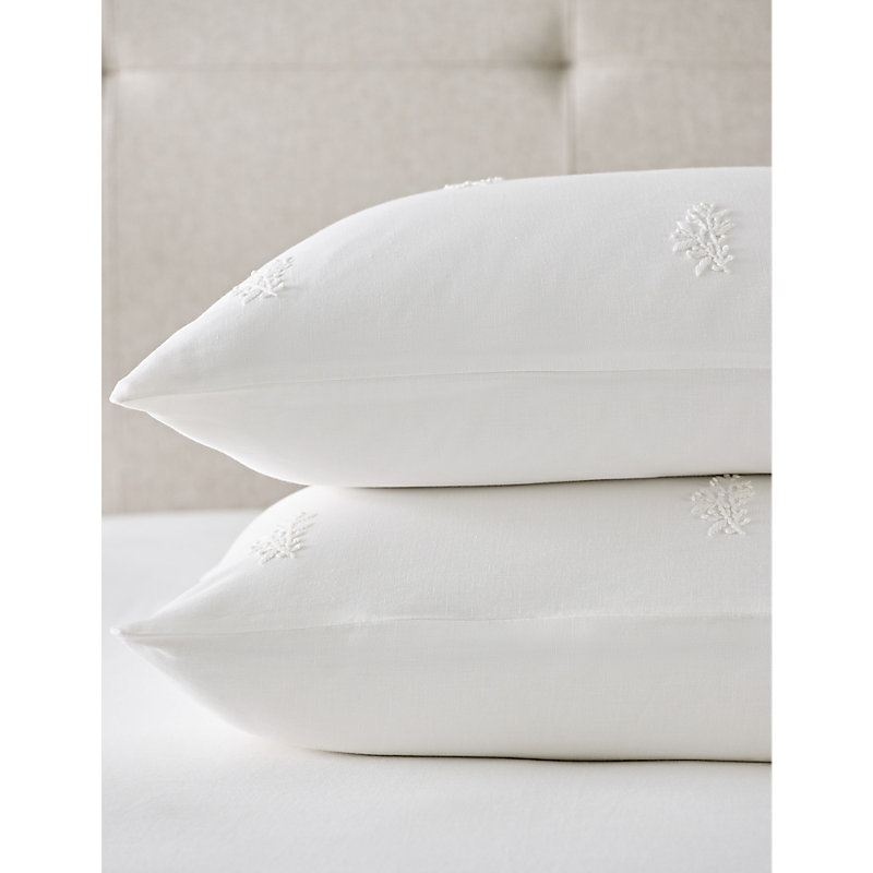 White Freja Classic Leaf-embroidered Linen-blend Pillowcase King