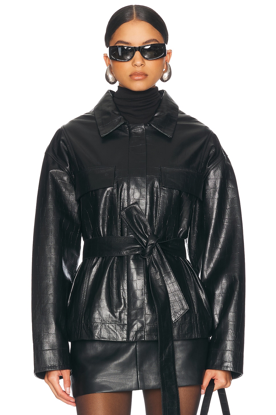 NOUR HAMMOUR Tilda Jacket in Black Gloss Croco - Black.  42 also in 34, 36