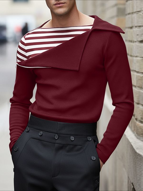 Men's Shoulder Zipper Design Stripe Patchwork Long Sleeve T-shirt SKUL43742 - Wine Red / S
