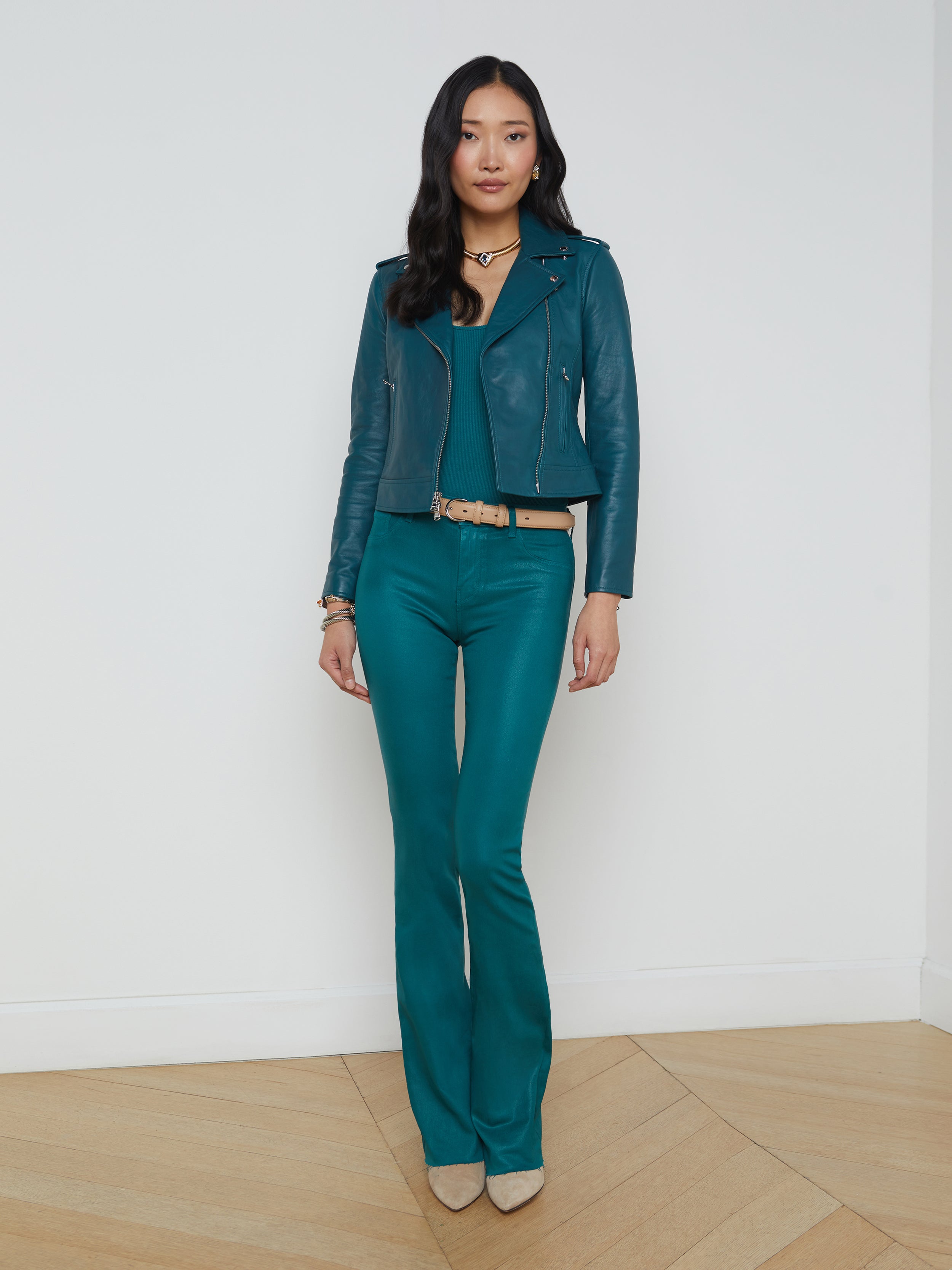 Leather Biker Jacket In Dark Teal