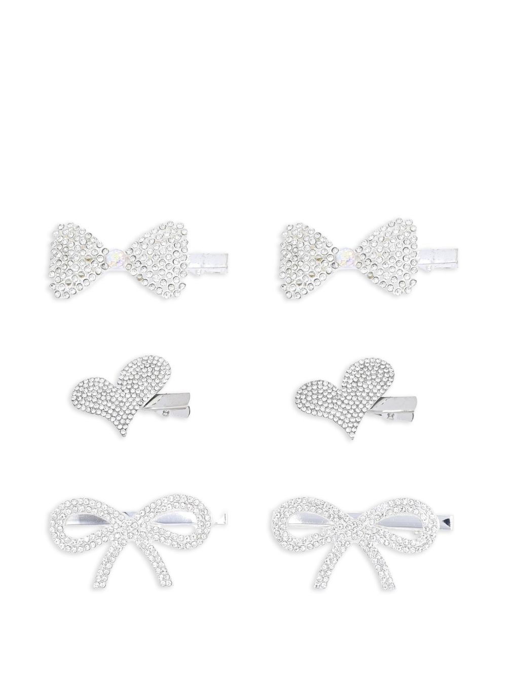Crystal bow heart hair clips (pack of six) - Silver