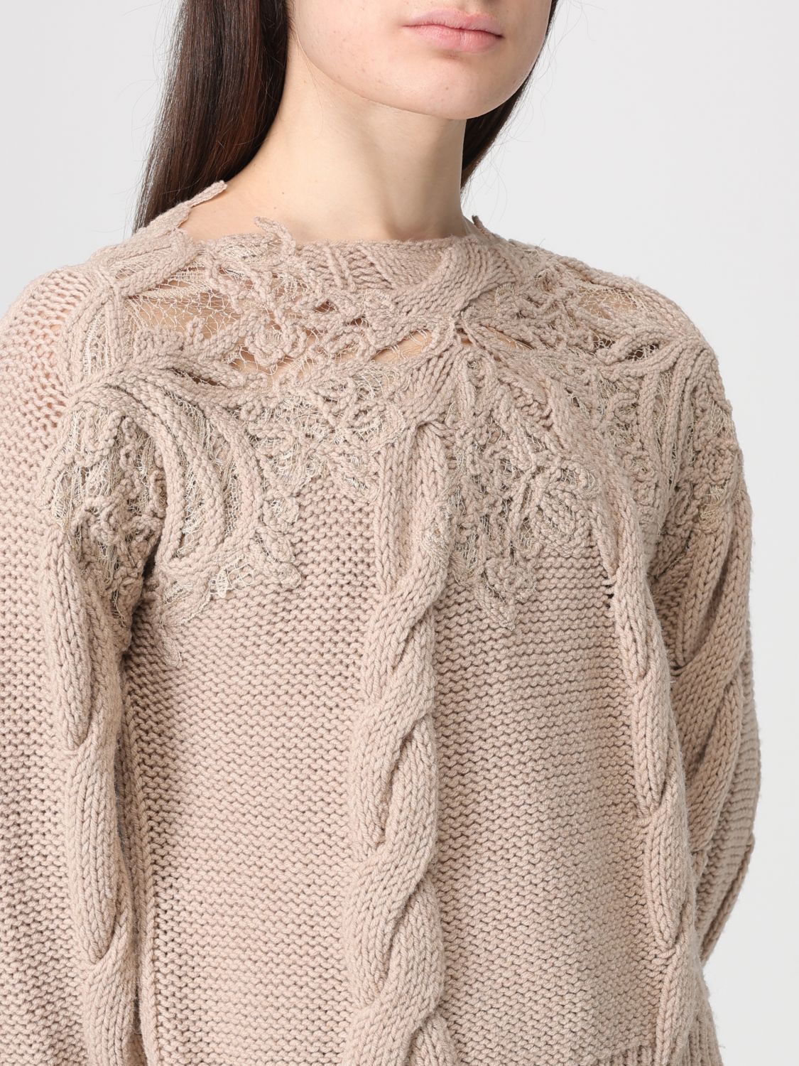 Lace-insert cable-knit sweater - Brown