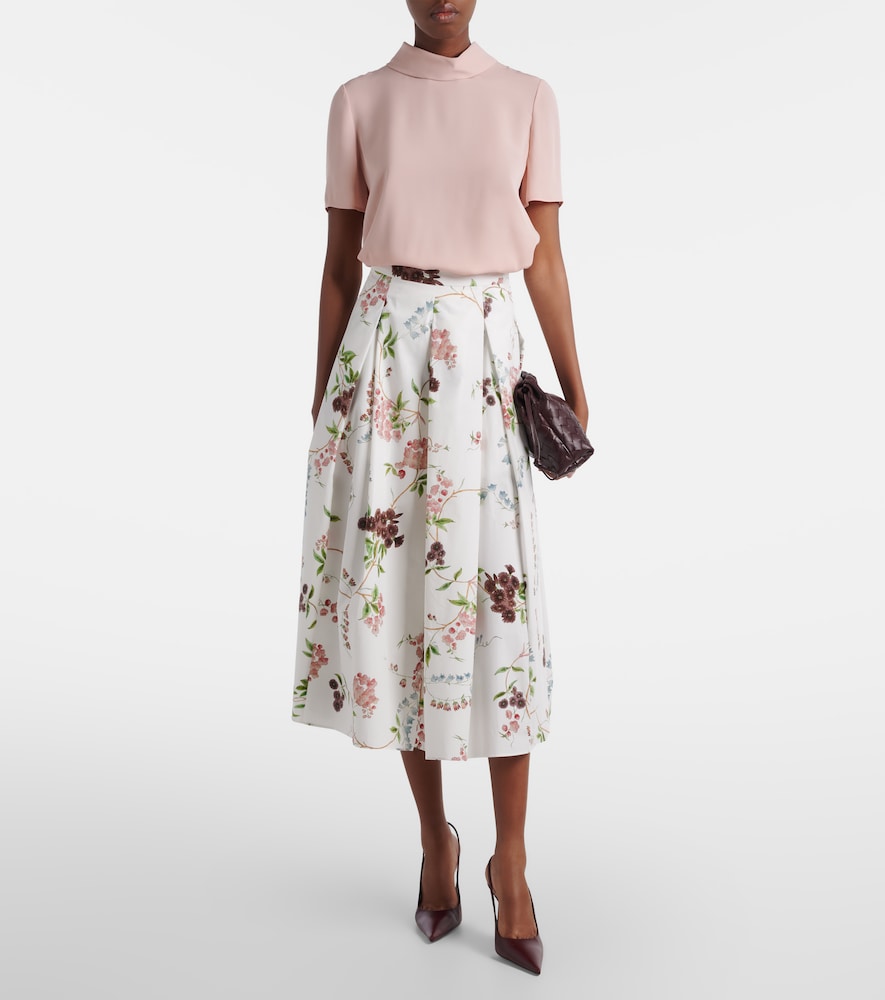 Floral pleated cotton poplin midi skirt