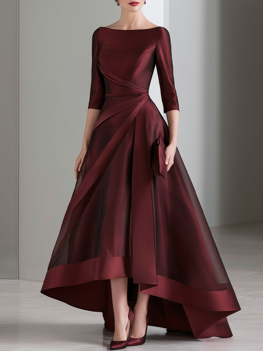 Draped Waist Organza High-Low Evening Dress - Burgundy
